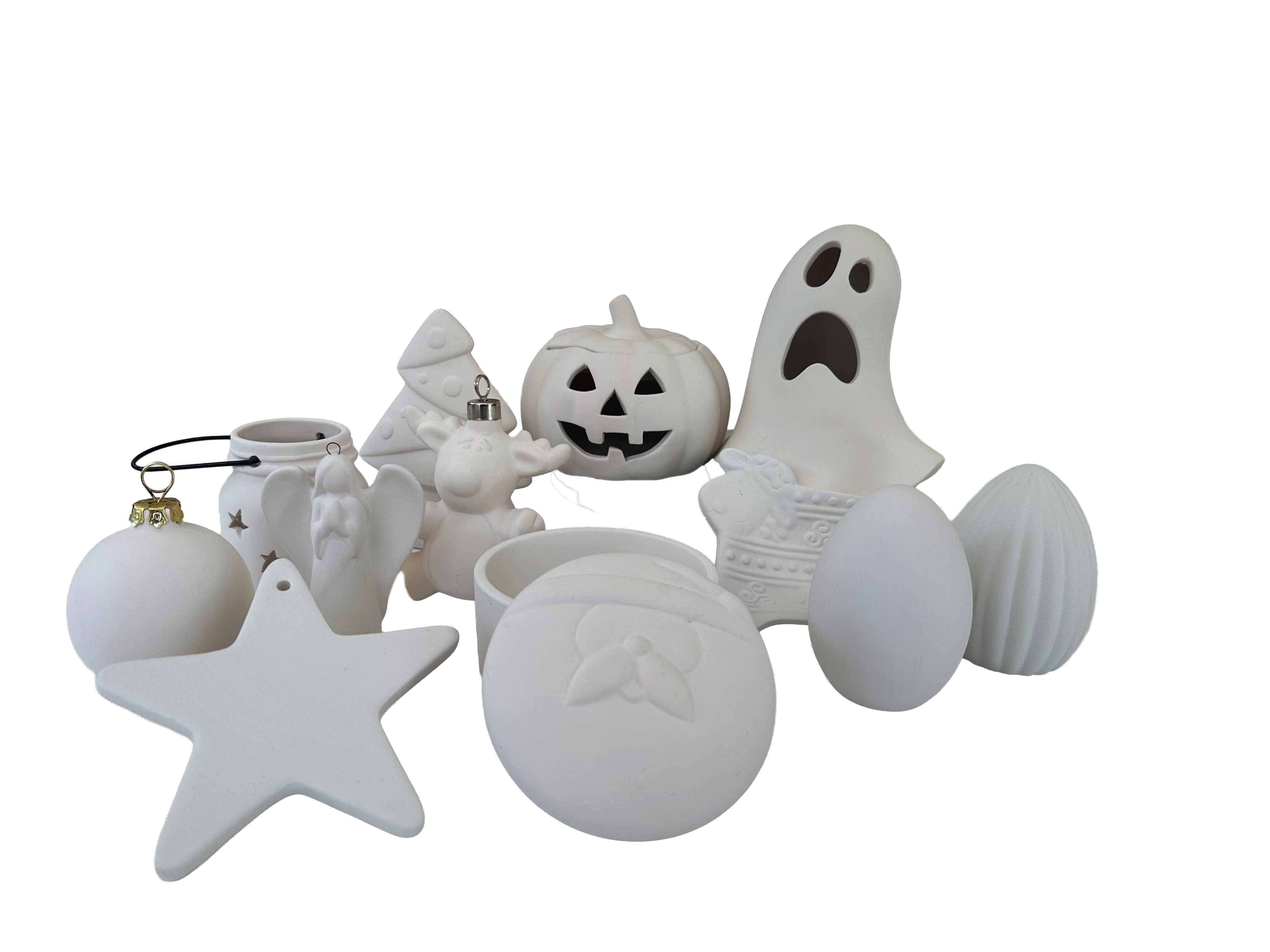 Decorações sazonais em cerâmica bisque prontas para pintar